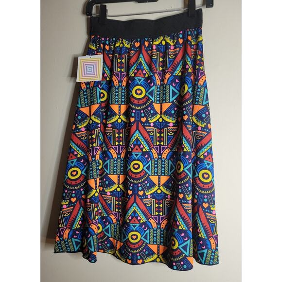 NWT LuLaRoe LOLA Midi Skirt Lined Size XS Black Band Multicolored Print Hearts - Picture 1 of 6